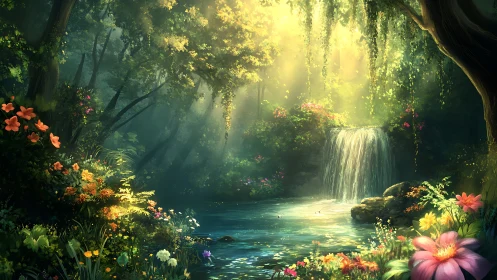 Sunlit forest pool with waterfall and dense floral growth.