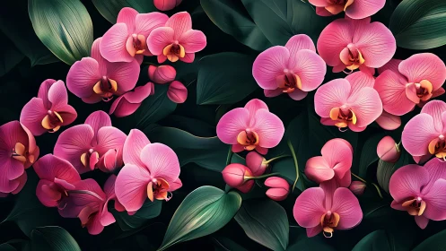 Pink orchid cascade over deep green jungle leaves.