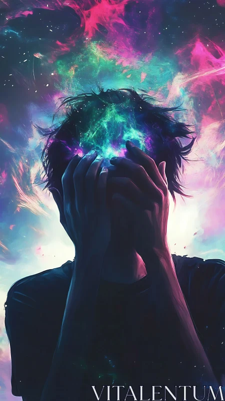 Silhouetted figure dissolves into nebula-like cosmic mindscape