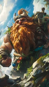 Gentle giant viking strides through sunlit mountain pass.