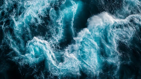 Ocean swirls in luminous teal waves and restless foam.