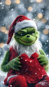 Mischievous green Christmas guest holds a bright red heart