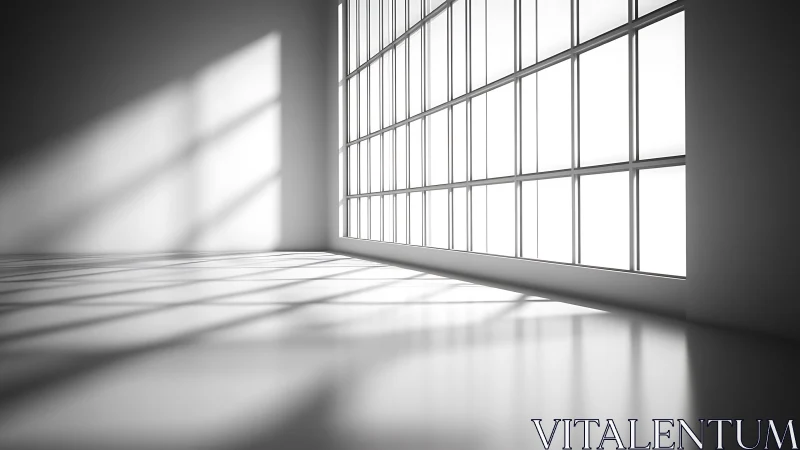 Soft daylight pours through tall grid windows into calm space