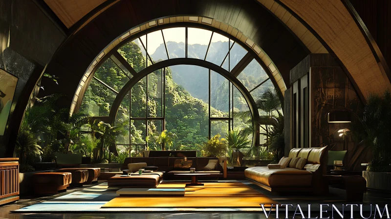 Luxe tropical lounge framed by panoramic arched glazing.