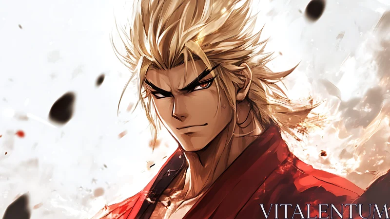 Fiery anime warrior stands resolute amid swirling embers.