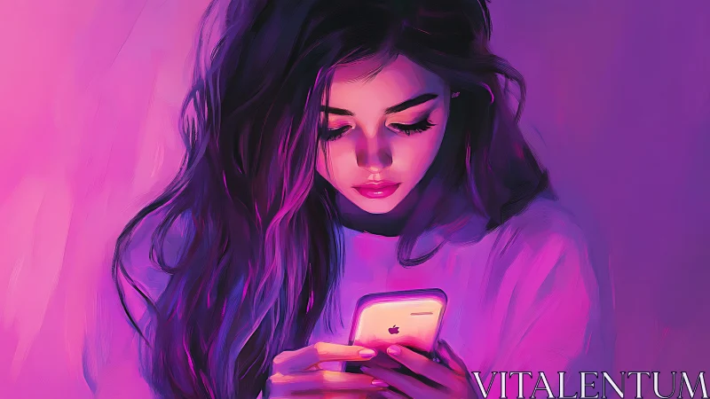 Girl lit by neon phone glow contemplates a quiet screen.