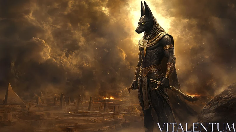 Anthropomorphic Anubis deity dominates apocalyptic desert skyline