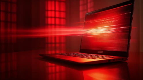 Red performance laptop with motion streaks on screen.