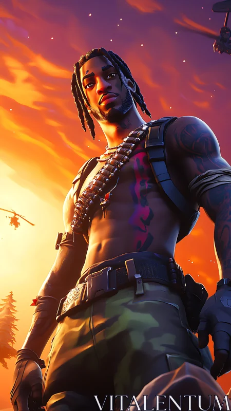 Low-angle stylized soldier render under high-saturation sunset sky