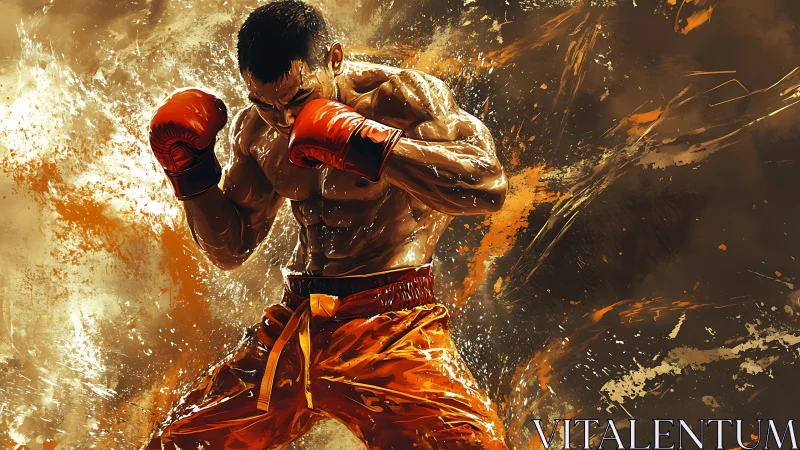 Dynamic boxer executing overhead strike amid luminous particle effects.