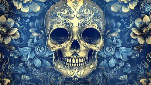Floral skull illustration with ornate blue and gold pattern.
