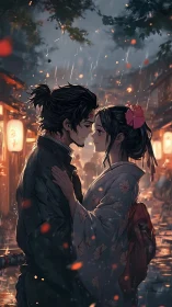 Samurai and woman share quiet moment in rainy street.
