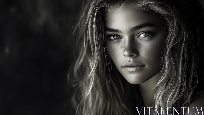 Softly lit portrait of a freckled young woman in quiet focus.