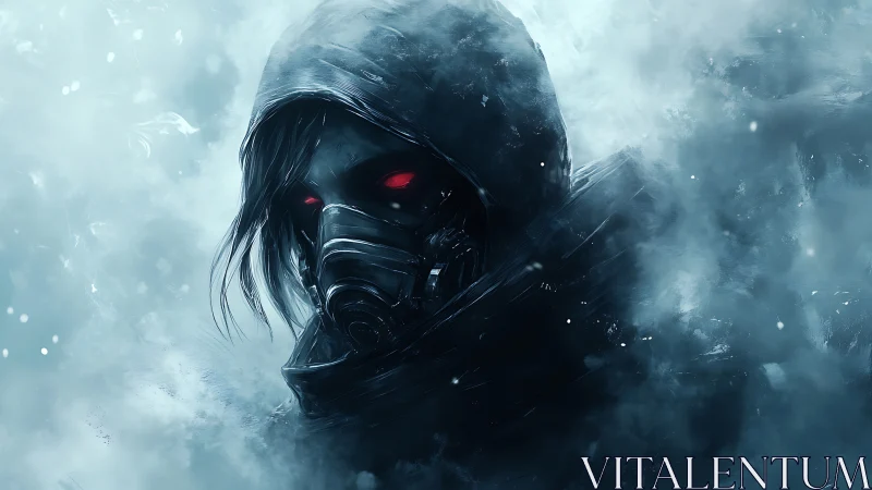 Gas-masked figure with red ocular highlights emerges from frozen mist