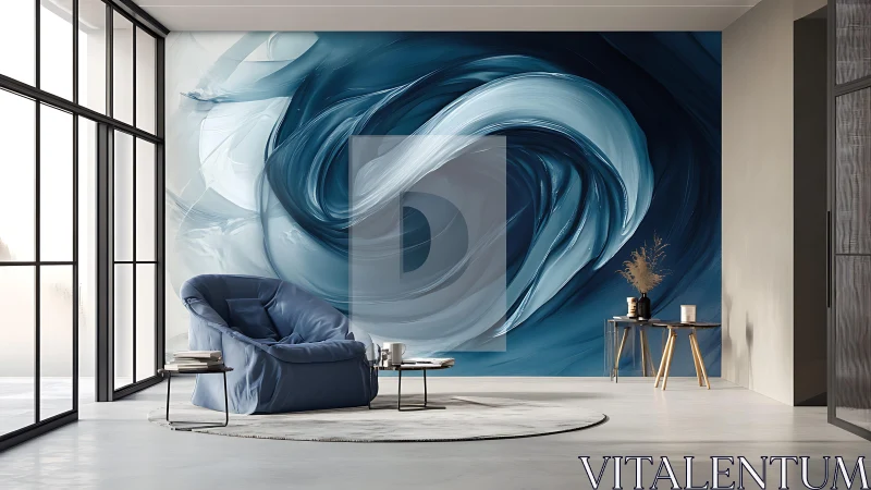 Modern living room with abstract blue swirl mural and cozy decor.