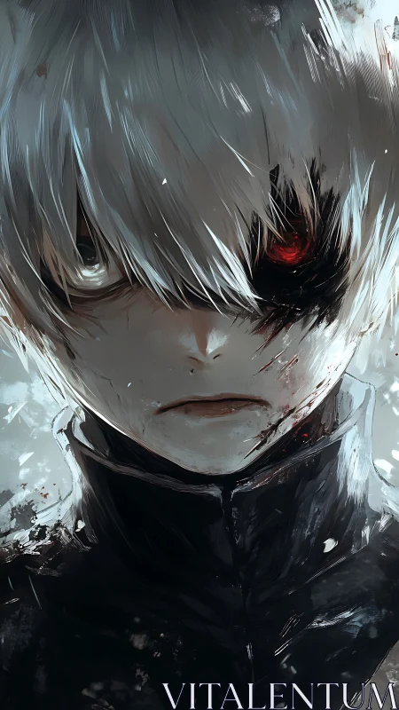 White-haired antihero reveals a single glowing red eye.