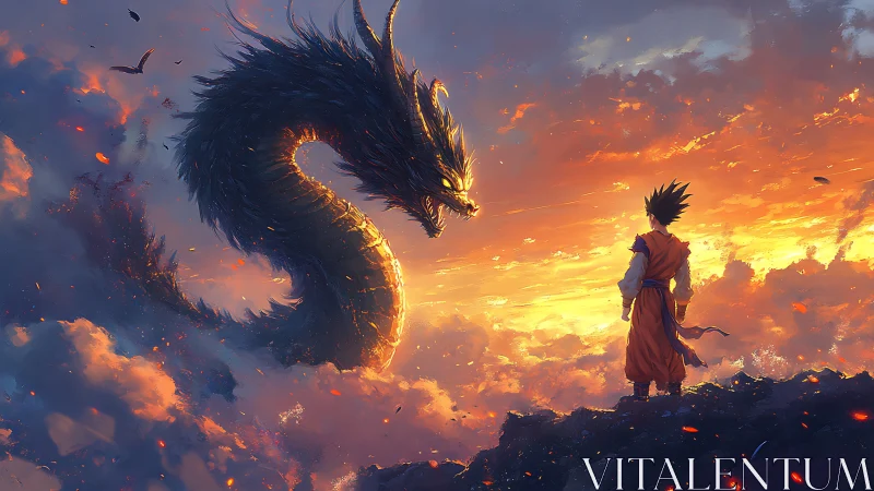 Warrior confronts massive dragon in blazing sunset sky