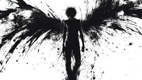 Silhouetted figure stands with ink-splatter wing forms extended