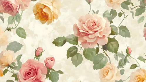 Soft pastel roses form seamless vintage floral pattern