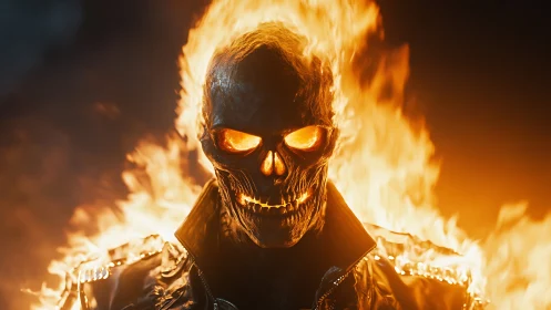 Photorealistic flaming skull rider in molten inferno lighting.