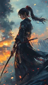 Samurai heroine stands amid burning battlefield in painterly light