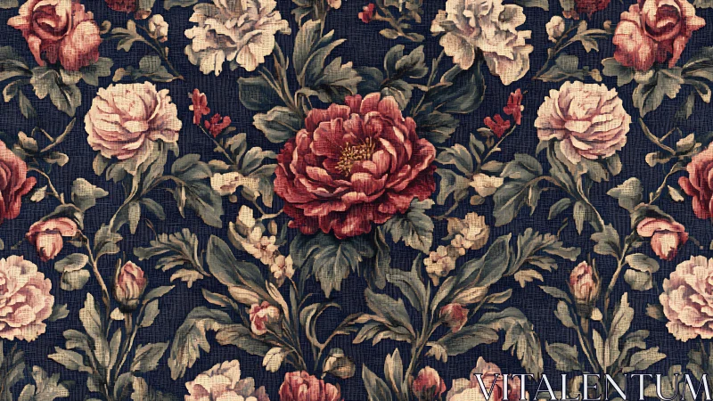 Vintage floral tapestry pattern with red and pink blooms.
