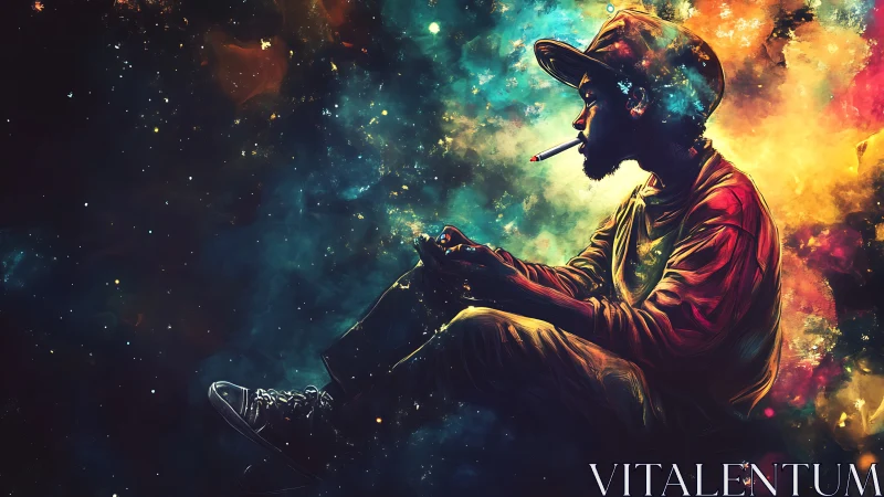 Cosmic silhouette drifts through neon galaxies in thought.