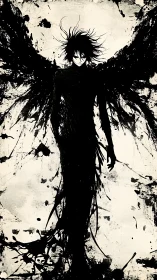 Inkborn fallen angel erupts from splattered shadows.