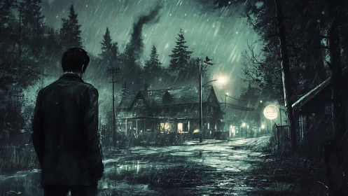 Lone drifter studies a rain-soaked roadside inn of secrets.