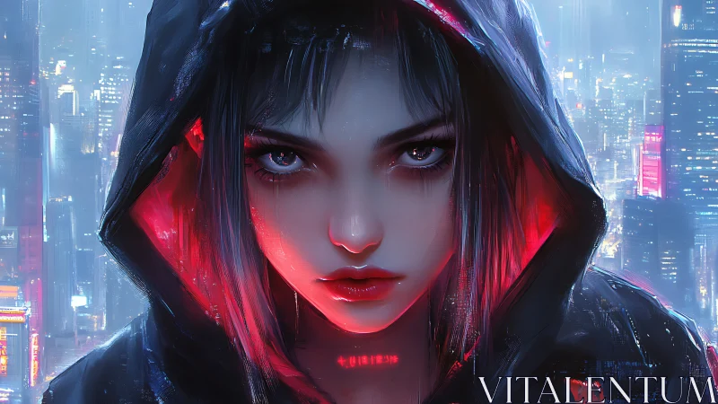 Neon hooded vigilante studies the sleepless cyber city below