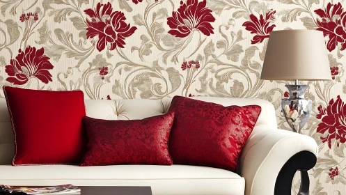 Red damask cushions contrast with floral wallpaper in lounge