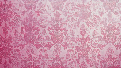 Ornate pink damask wallpaper pattern creates vintage charm.