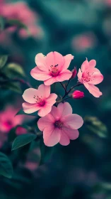 Pink blossoms bloom with vibrant petals in soft atmospheric light