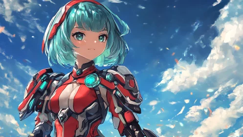 Cyan‑haired mecha heroine under dynamic cloudscape sky.