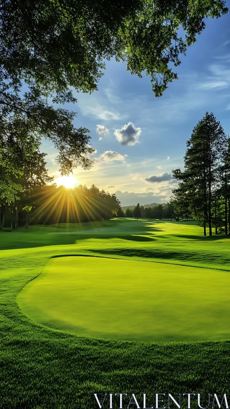 Sunlit golf green with fairway shadows at low golden hour