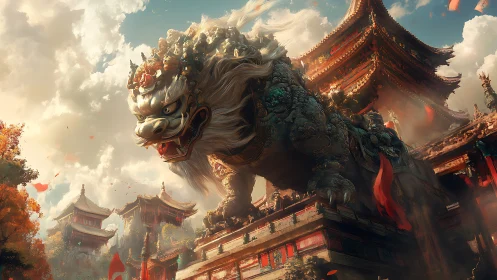 Colossal guardian lion overlooking blazing imperial temple.