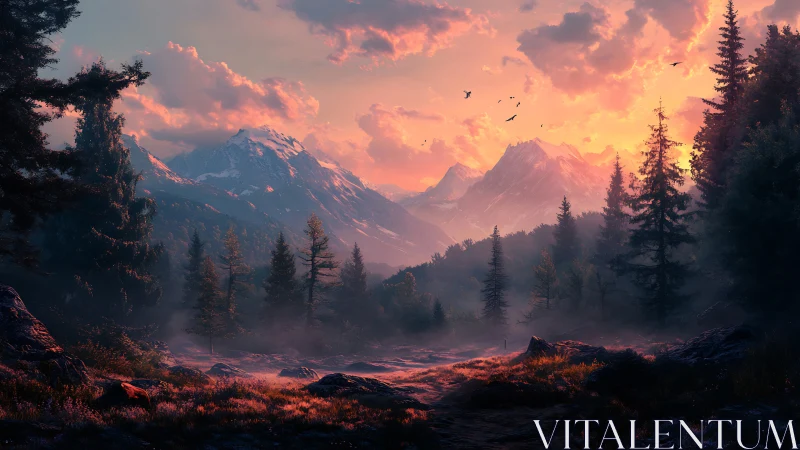 Golden mountain sunrise welcomes a quiet misty forest path