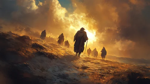 Wanderers Crossing Sunlit Ridge Toward Blazing Horizon.