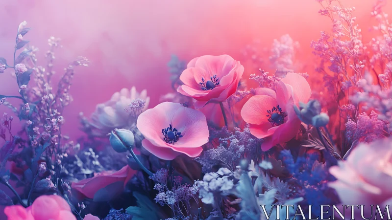 Pink anemone flowers with chromatic aberration in digitally rendered fantasy garden environment