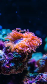 Marine sea anemone on rock in controlled aquarium setting.