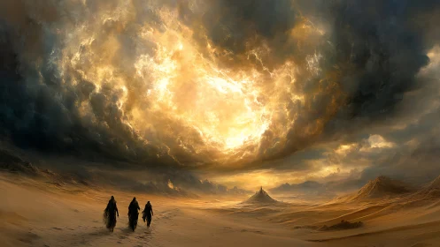 Desert pilgrims cross dunes beneath vast burning storm sky.