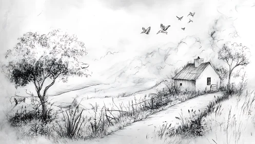 Lonely rural cottage sits beside winding country lane