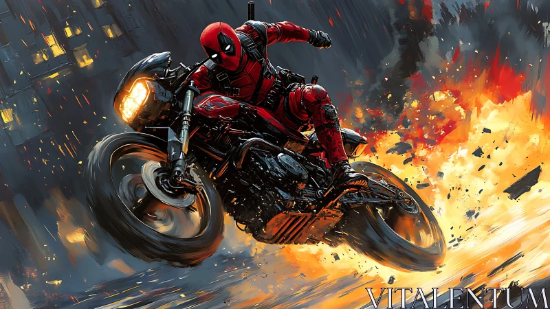 Masked antihero on racing bike cutting through city firestorm.