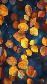 Golden autumn leaves against deep teal forest bokeh.