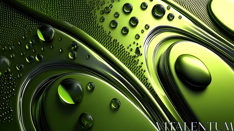 Green metallic droplets curve across reflective abstract surface