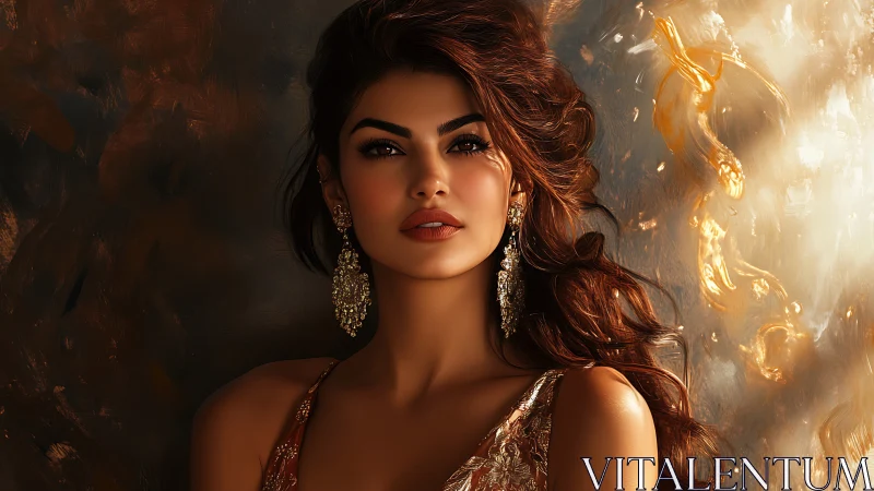 Radiant woman in gold set against glowing dreamy backdrop.