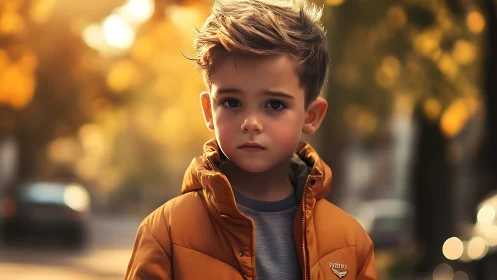 Young boy in golden jacket captures autumn warmth.