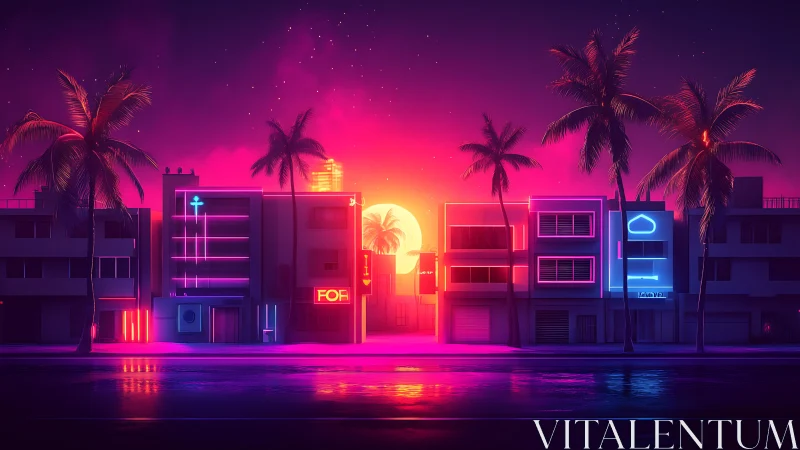 Neon sunset city street glows with dreamy palm silhouettes