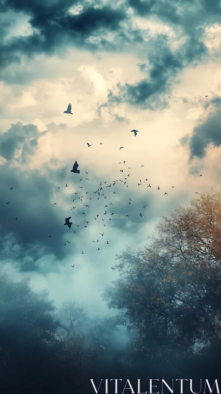 Flock of silhouetted birds crossing misty forest canopy under storm clouds