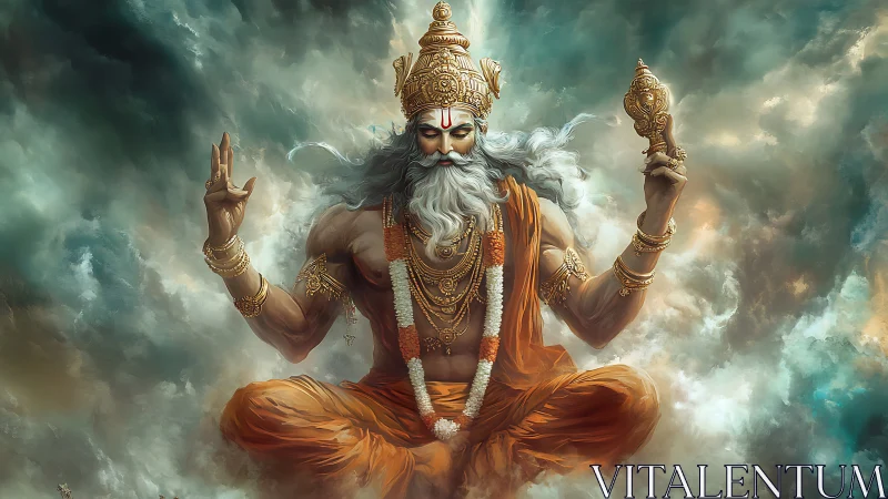 Radiant sky deity meditates in swirling celestial clouds